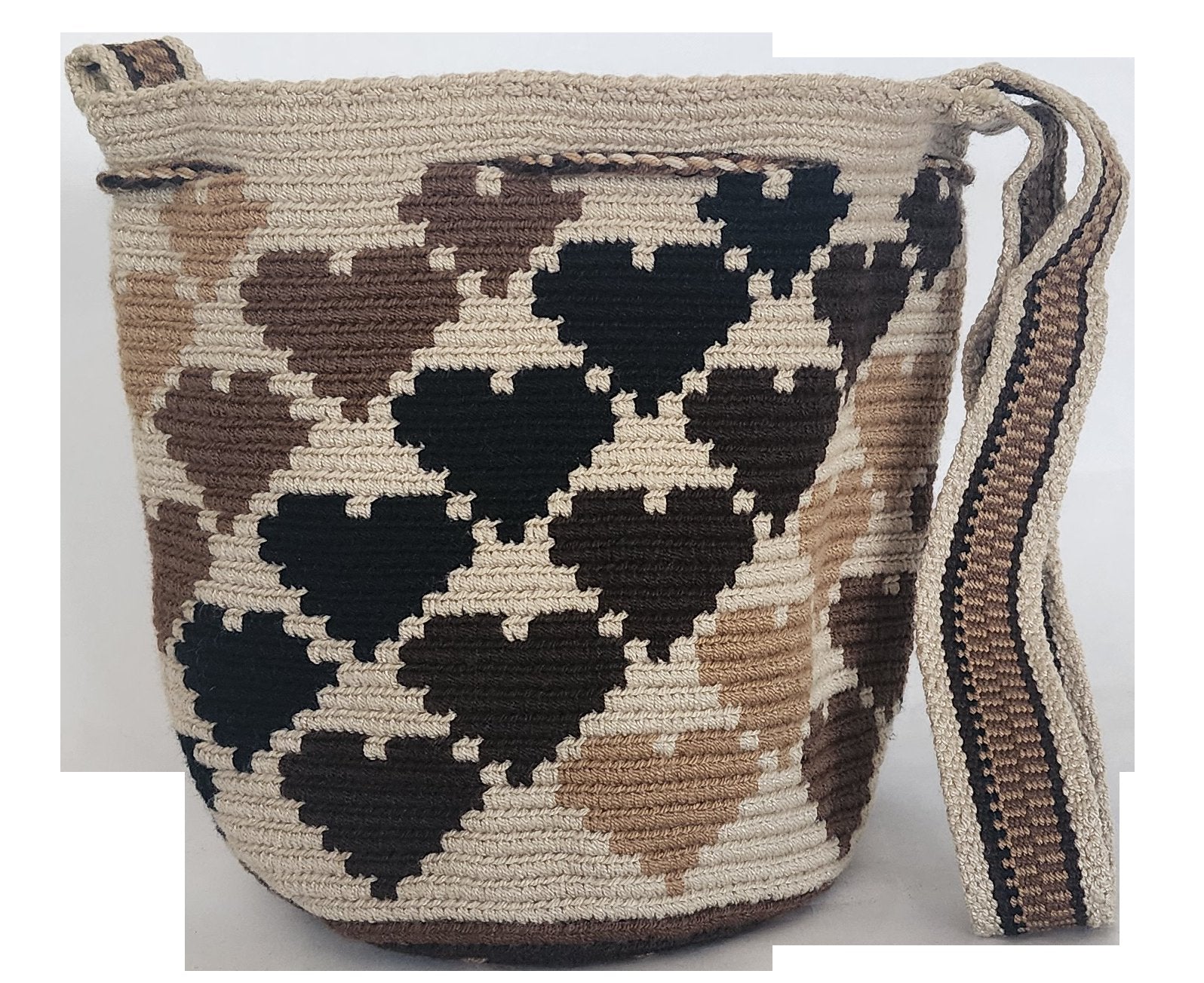 Bottom view Neutral-toned bohemian Wayuu bag with tassels and shoulder strap