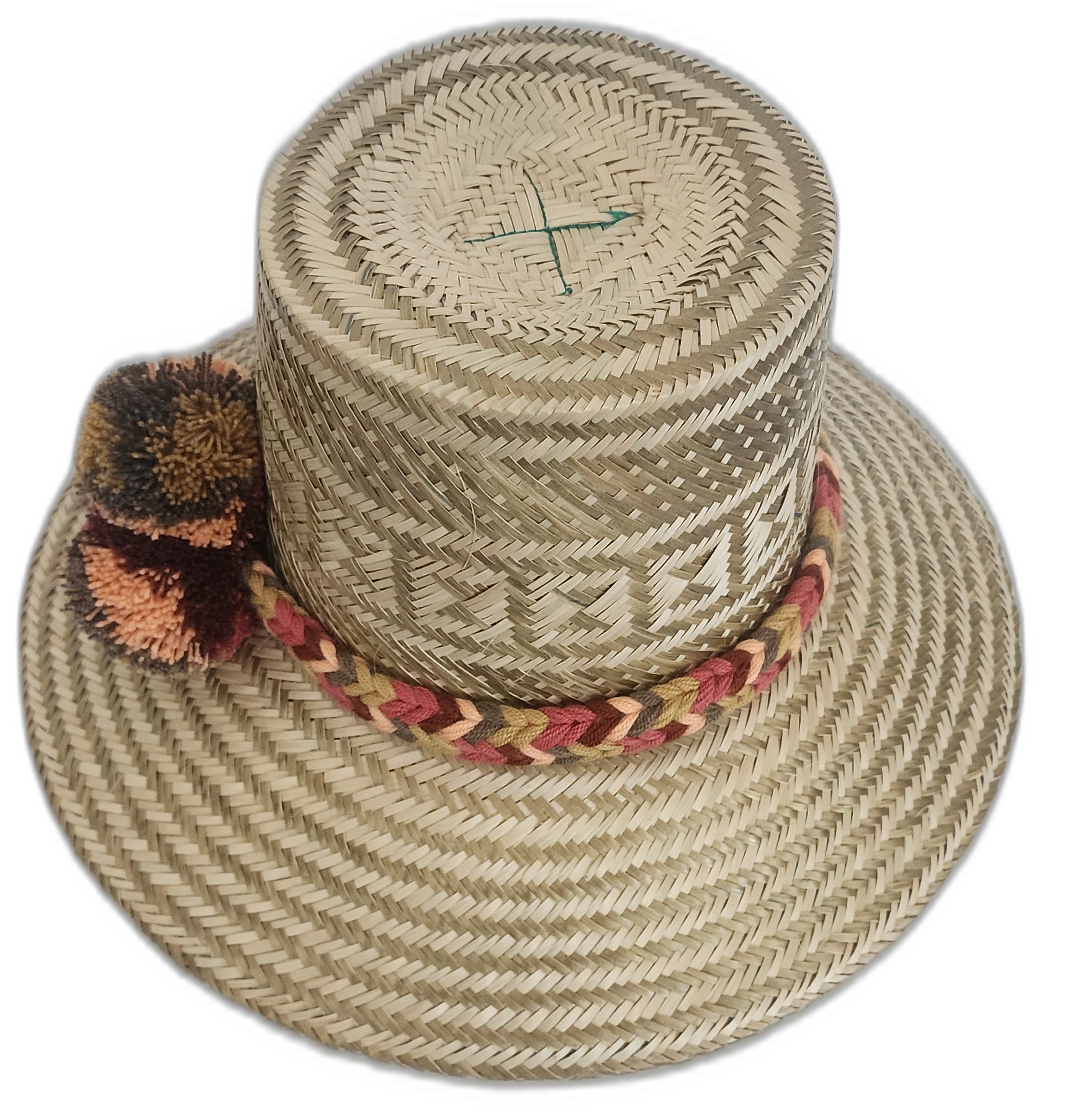 Boho Chick hat in natural straw with red, peach, and brown pompom accent