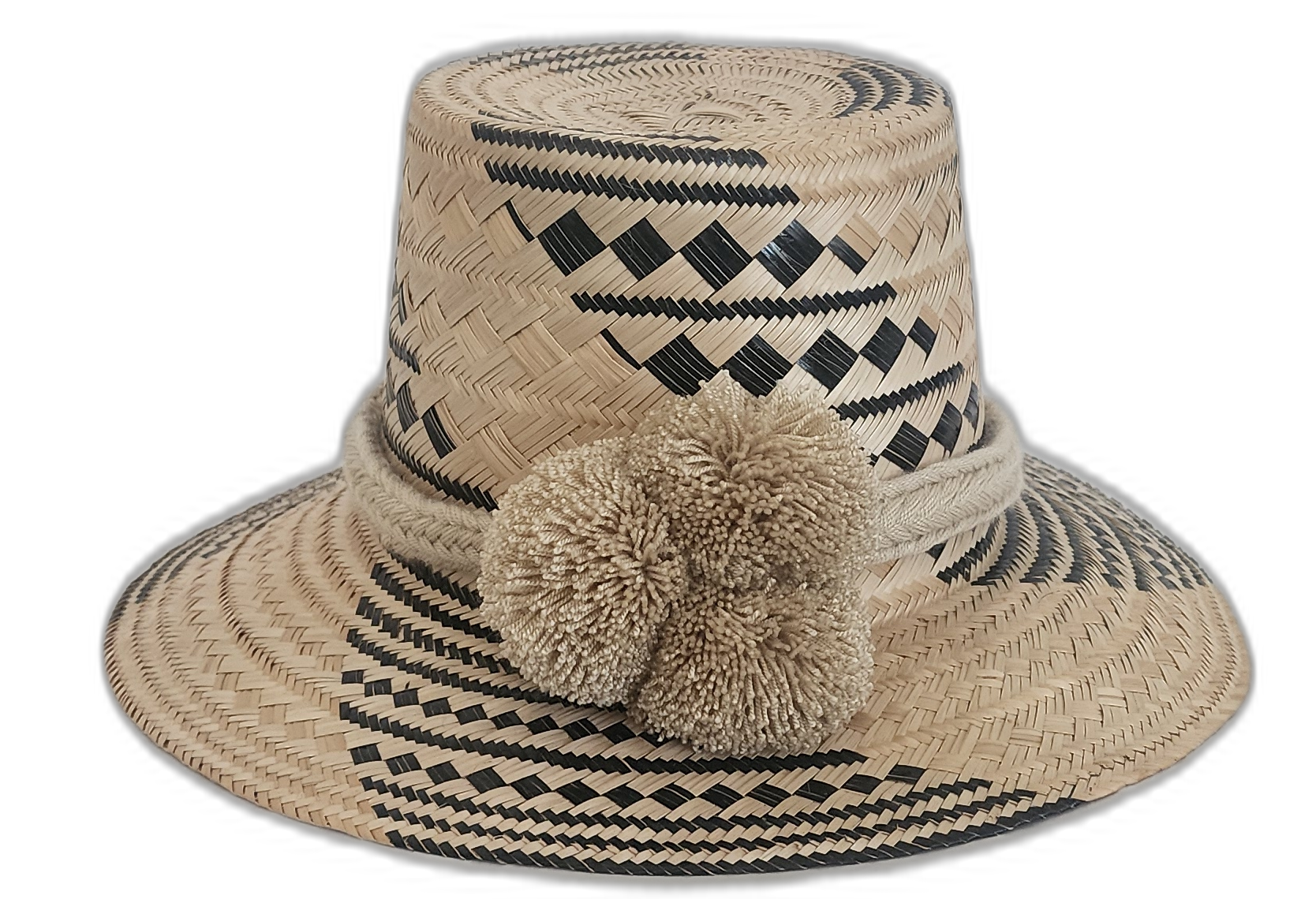 Handmade Wayuu straw hat in black and natural with beige pompoms