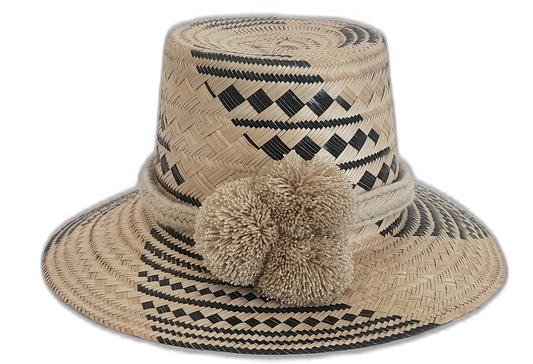 Handmade Wayuu straw hat in black and natural with beige pompoms