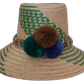 Handmade Wayuu straw hat named Noelle with green weave and multicolor pompoms

