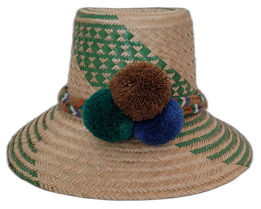 Handmade Wayuu straw hat named Noelle with green weave and multicolor pompoms

