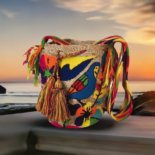 Handmade Wayuu boho bag with parrot and floral punch-needle embroidery