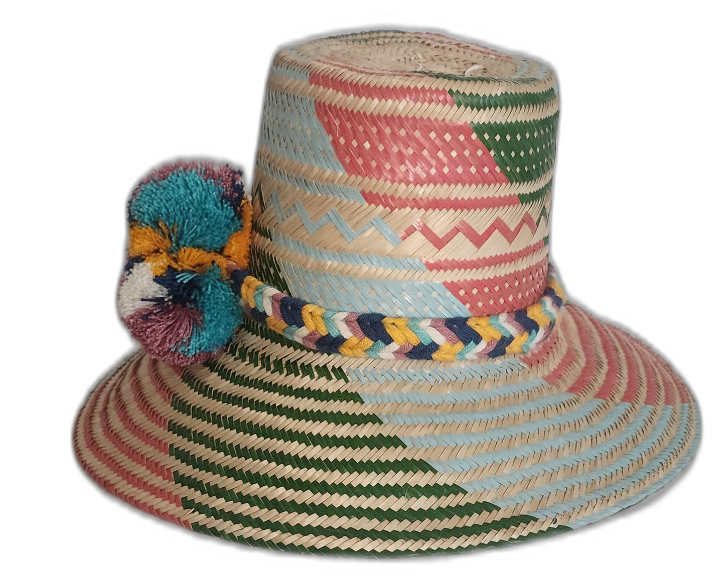 Boho chick Wayuu straw hat featuring pink, green, blue, and zigzag patterns with colorful pompom trim.

