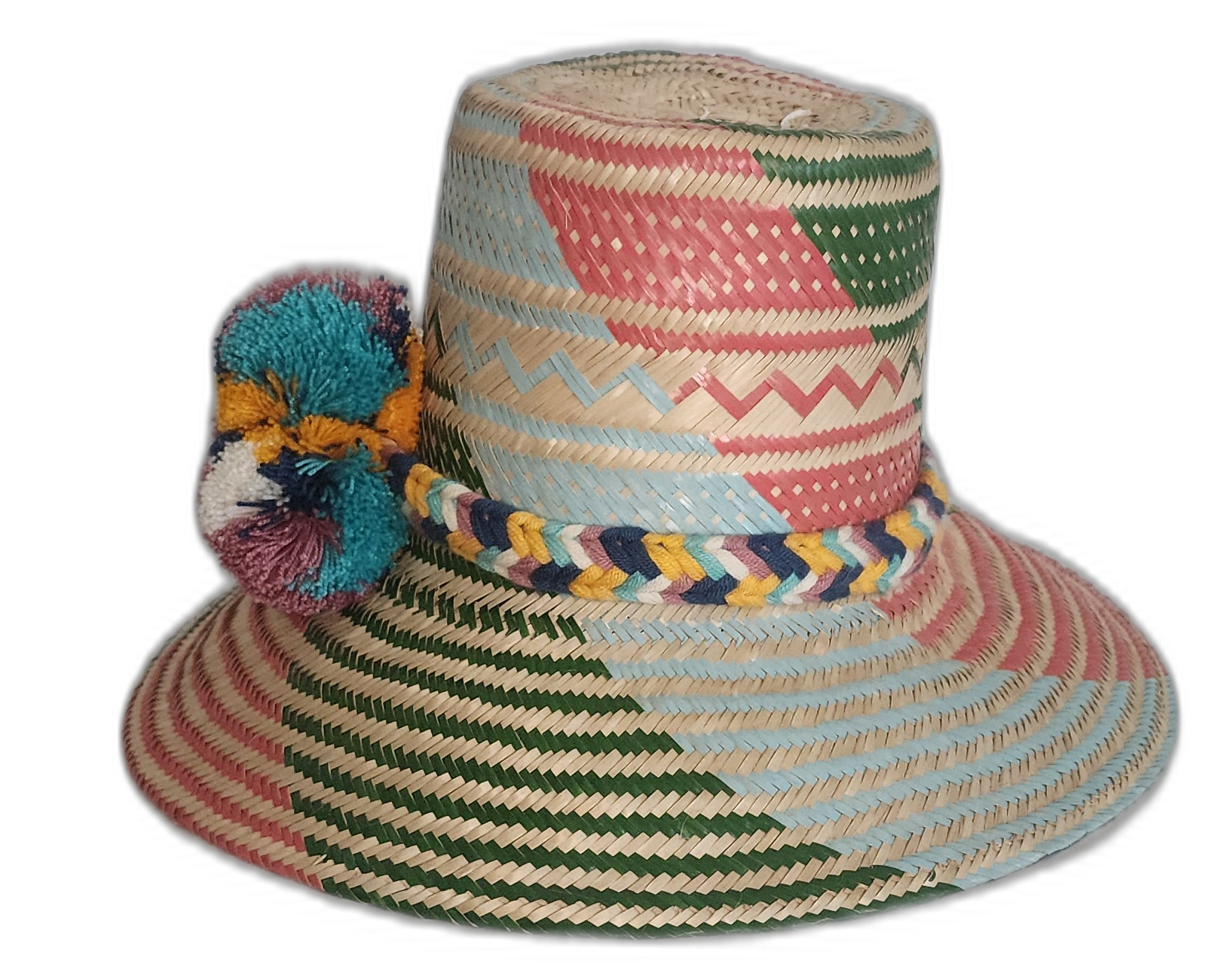 Boho chick Wayuu straw hat featuring pink, green, blue, and zigzag patterns with colorful pompom trim.

