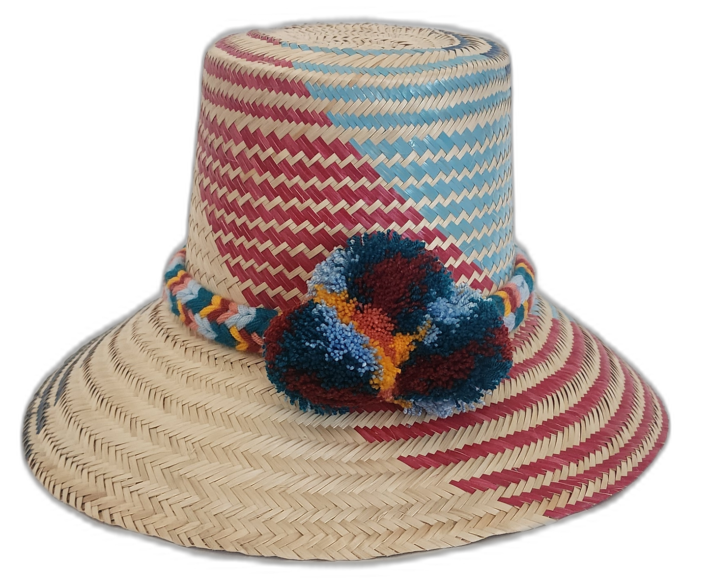 Boho straw hat with diagonal artisan design and braided crown band

