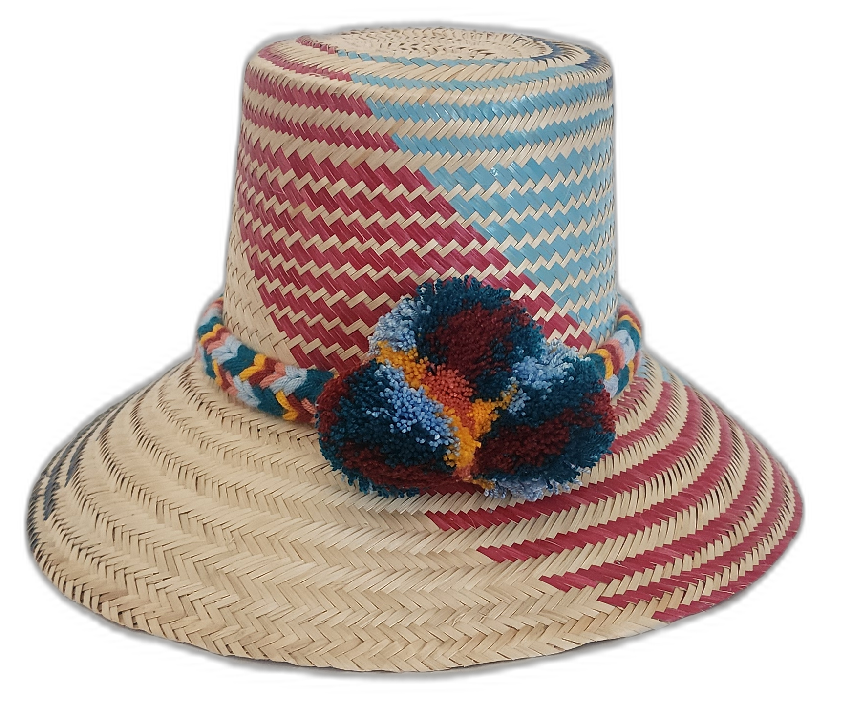 Boho straw hat with diagonal artisan design and braided crown band

