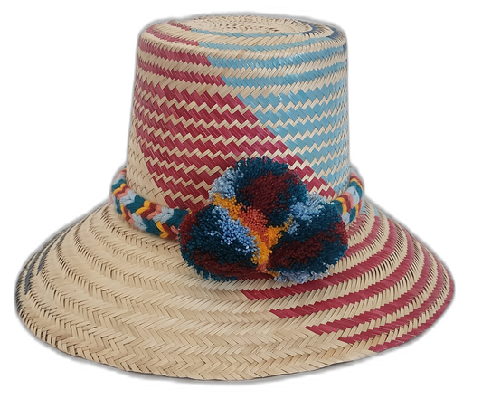 Boho straw hat with diagonal artisan design and braided crown band

