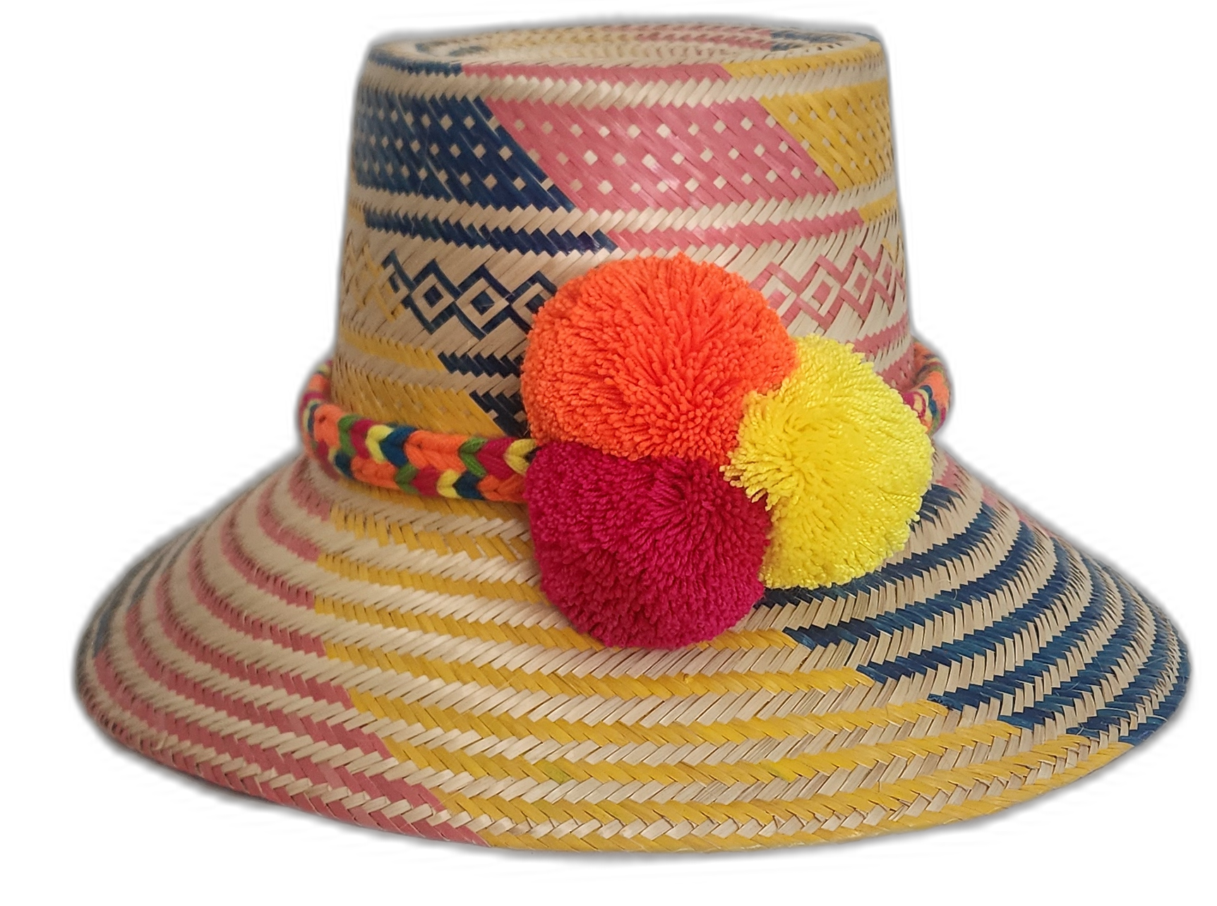 Handmade Wayuu boho straw hat with pink, yellow, and blue woven pattern and bold yellow, fuchsia, and orange pompoms.