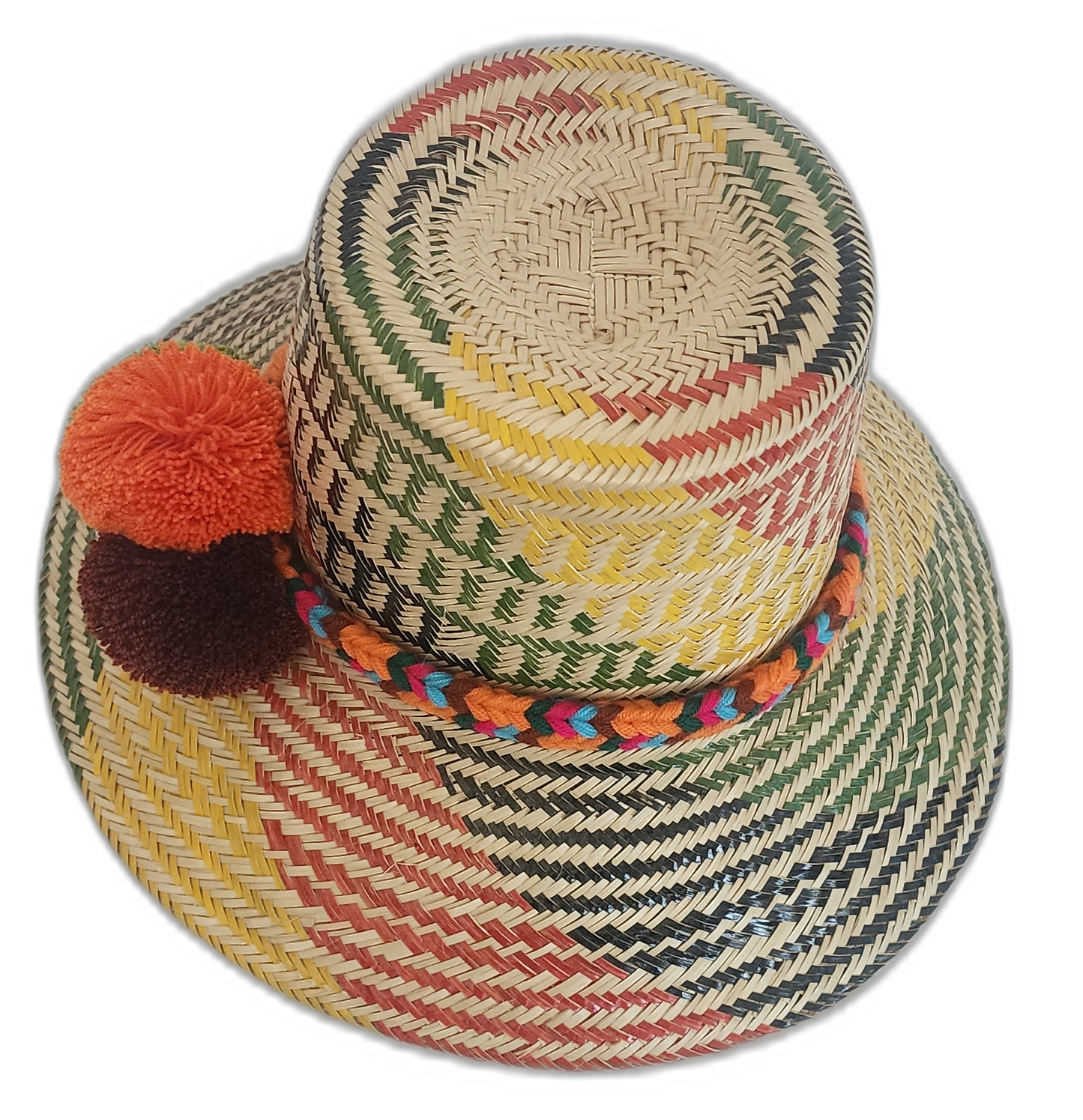Colorful Bohemian Wayuu straw hat featuring traditional rainbow-style weaving