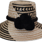 Handmade Wayuu bohemian straw hat in black and natural tones with black pompoms

