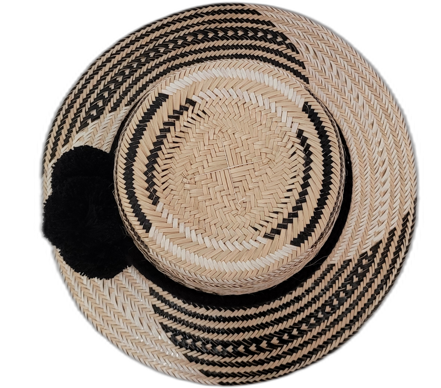 Boho chic Wayuu hat named Presley with black patterns and cultural design

