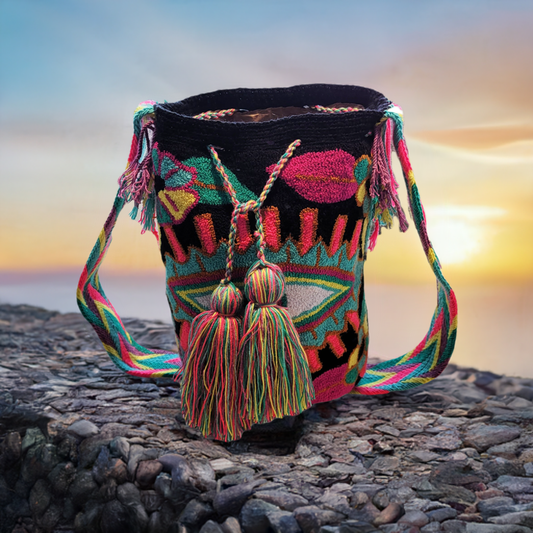 Boho punch needle Wayuu bag with vivid geometric designs