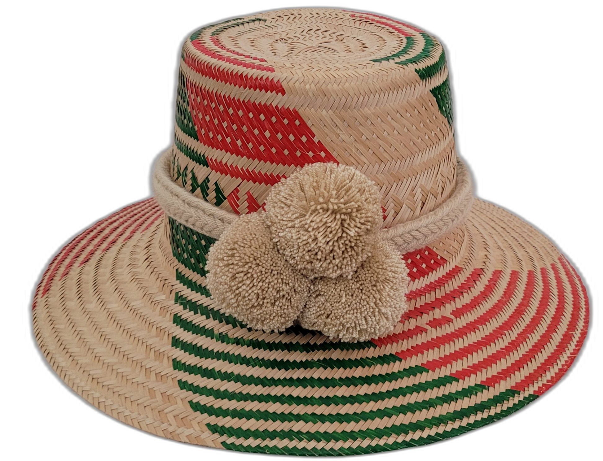 Rachel handmade Wayuu straw hat with red and green geometric weave and beige pompoms

