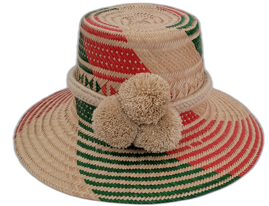 Rachel handmade Wayuu straw hat with red and green geometric weave and beige pompoms


