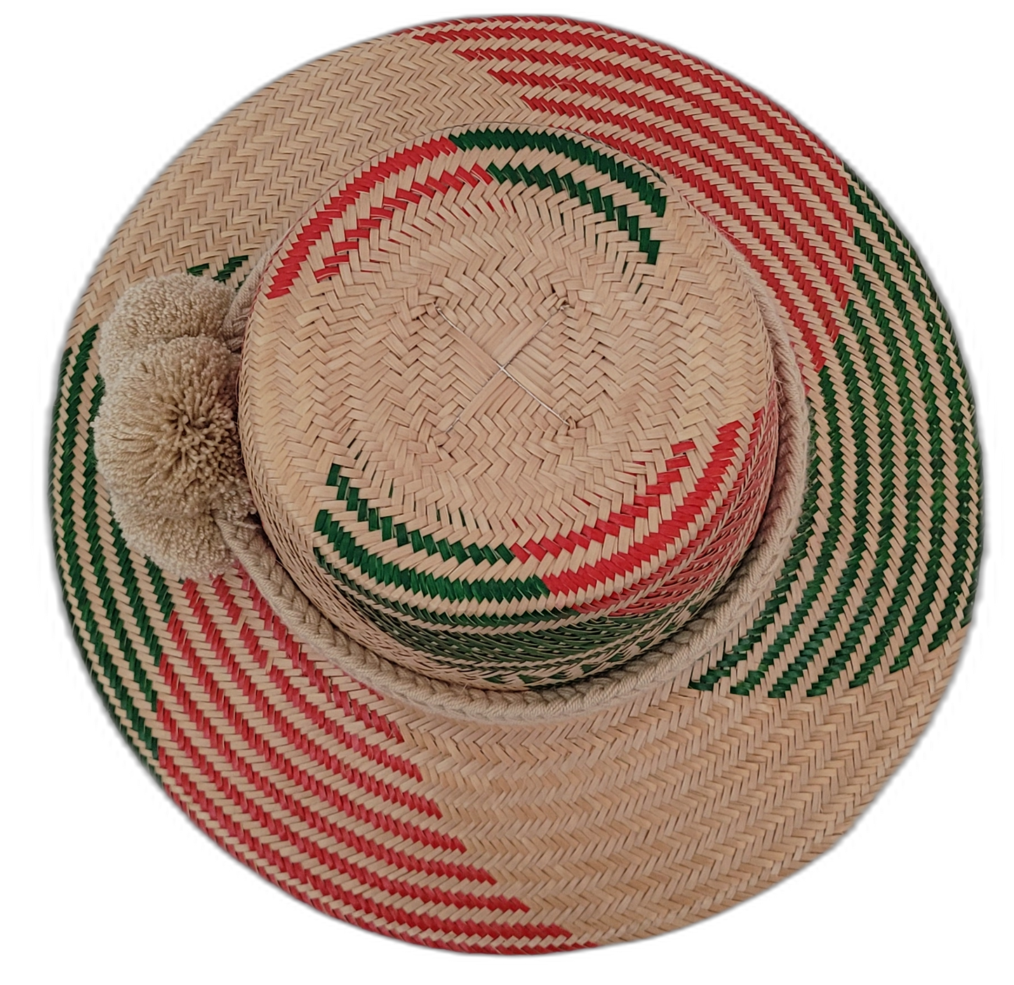 Wayuu hat Rachel with red and green weave on natural straw and soft beige pompom details

