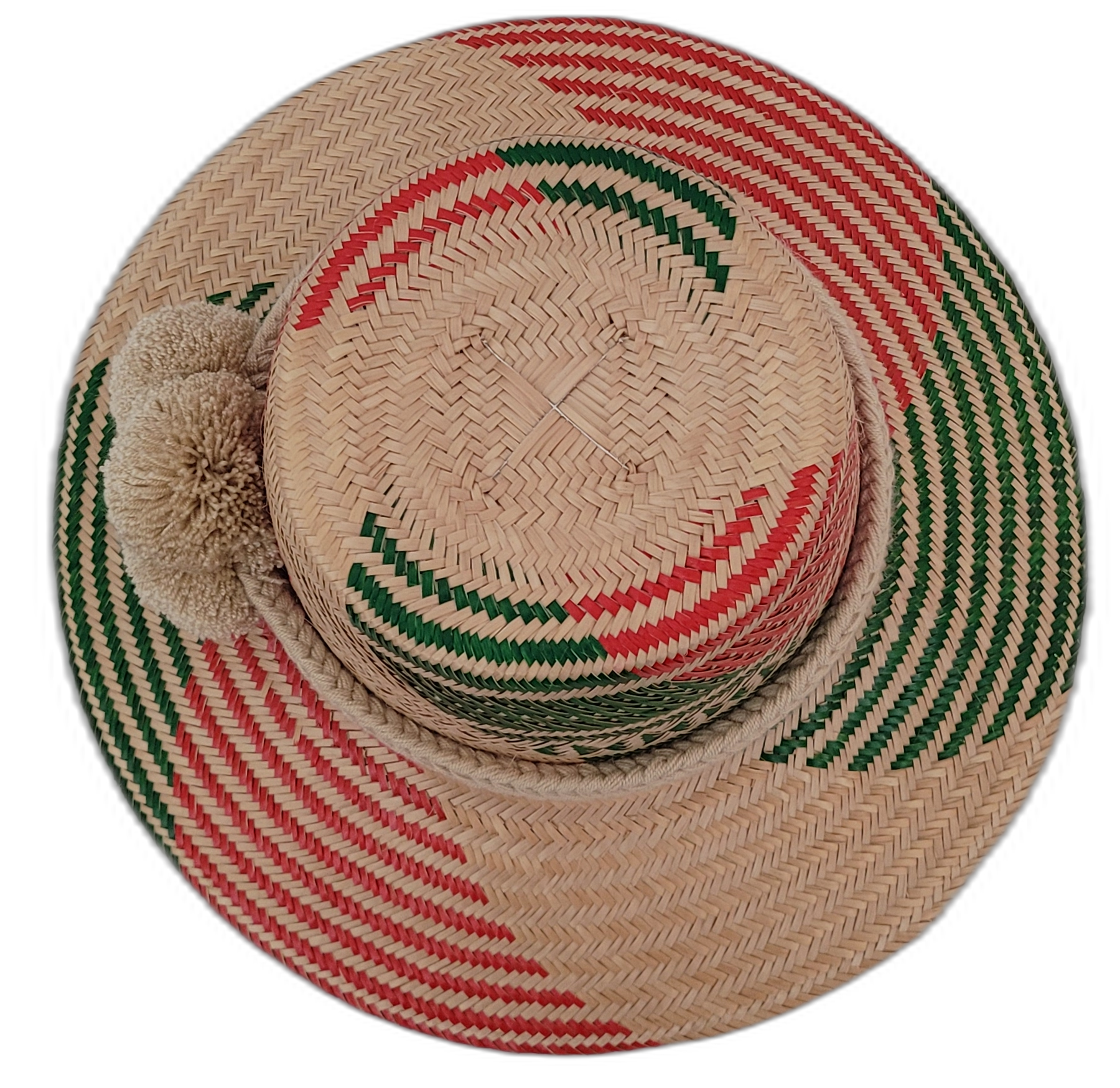 Wayuu hat Rachel with red and green weave on natural straw and soft beige pompom details

