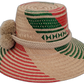 Artisan Wayuu hat Rachel with natural palm weave, red and green accents, and beige pompoms

