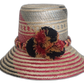 Handmade Boho Straw Hat in deep red, black, and gold with pompom accents