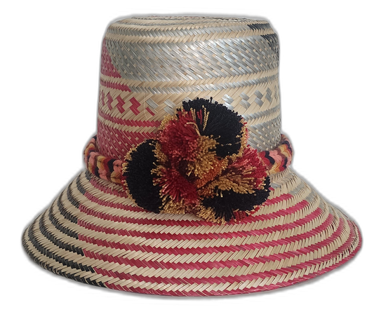 Handmade Boho Straw Hat in deep red, black, and gold with pompom accents