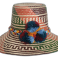 Handmade Boho Straw Hat in rust, green, and brown with colorful pompoms