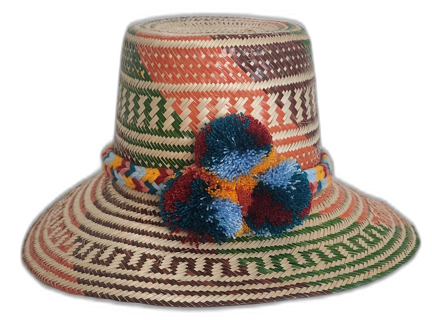 Handmade Boho Straw Hat in rust, green, and brown with colorful pompoms