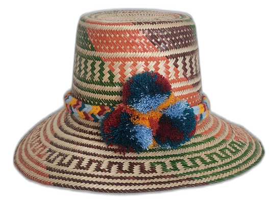 Handmade Boho Straw Hat in rust, green, and brown with colorful pompoms