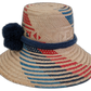Boho straw hat Sage with bold red and navy pattern and handcrafted blue pompom trim

