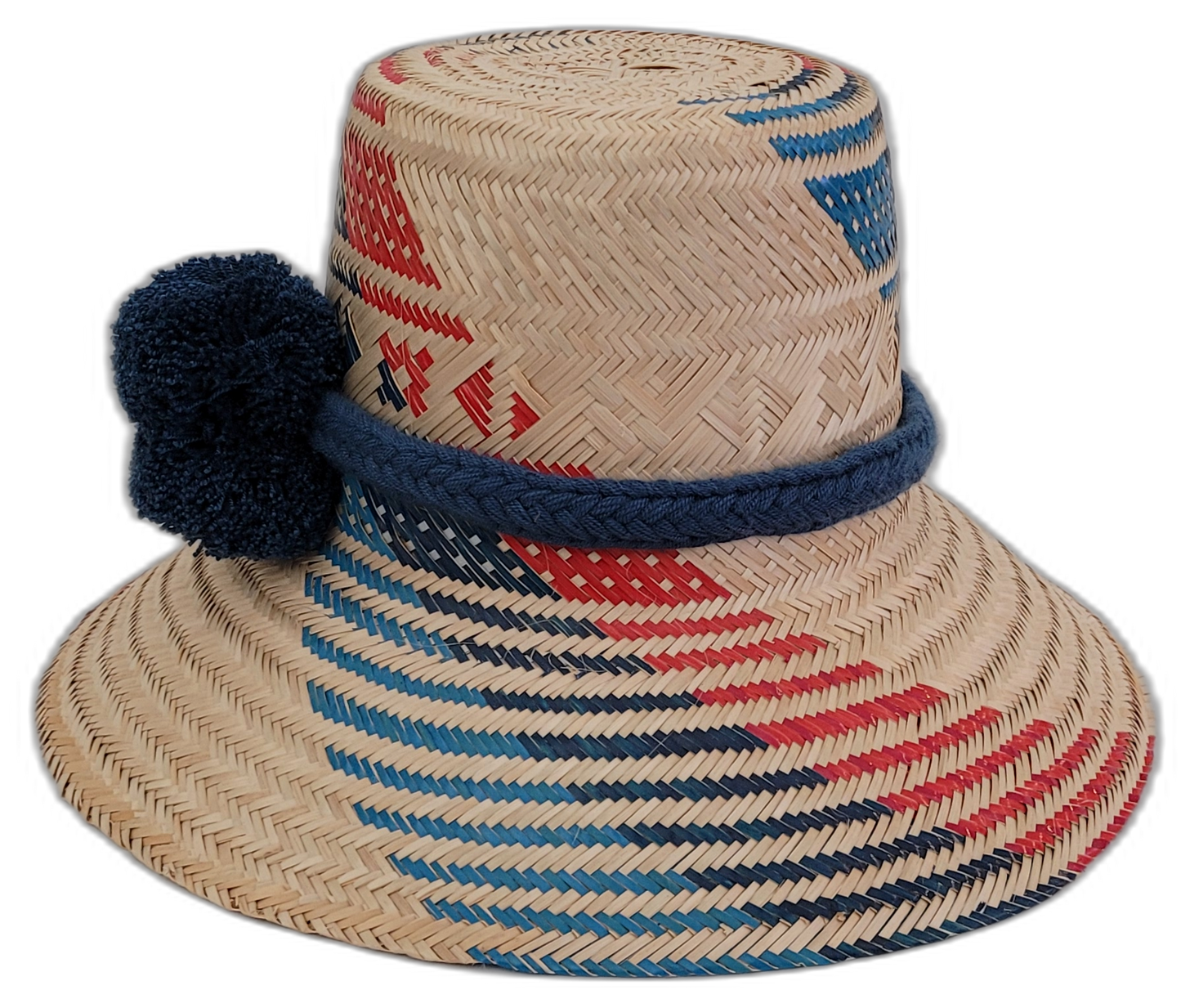 Boho straw hat Sage with bold red and navy pattern and handcrafted blue pompom trim

