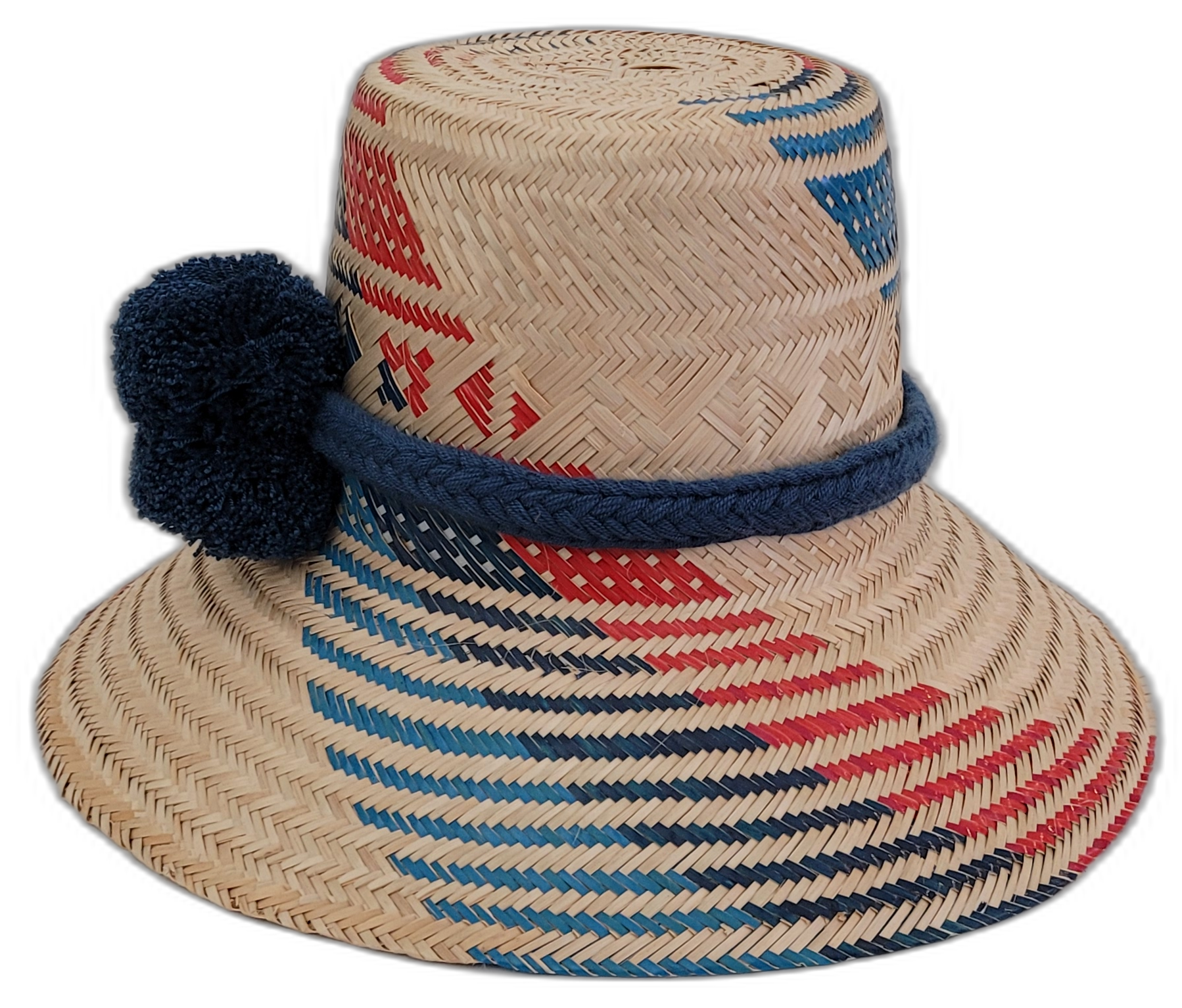 Boho straw hat Sage with bold red and navy pattern and handcrafted blue pompom trim

