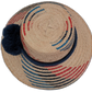 Wayuu hat Sage with geometric Iraca palm weave in red, navy, and beige with blue pompoms

