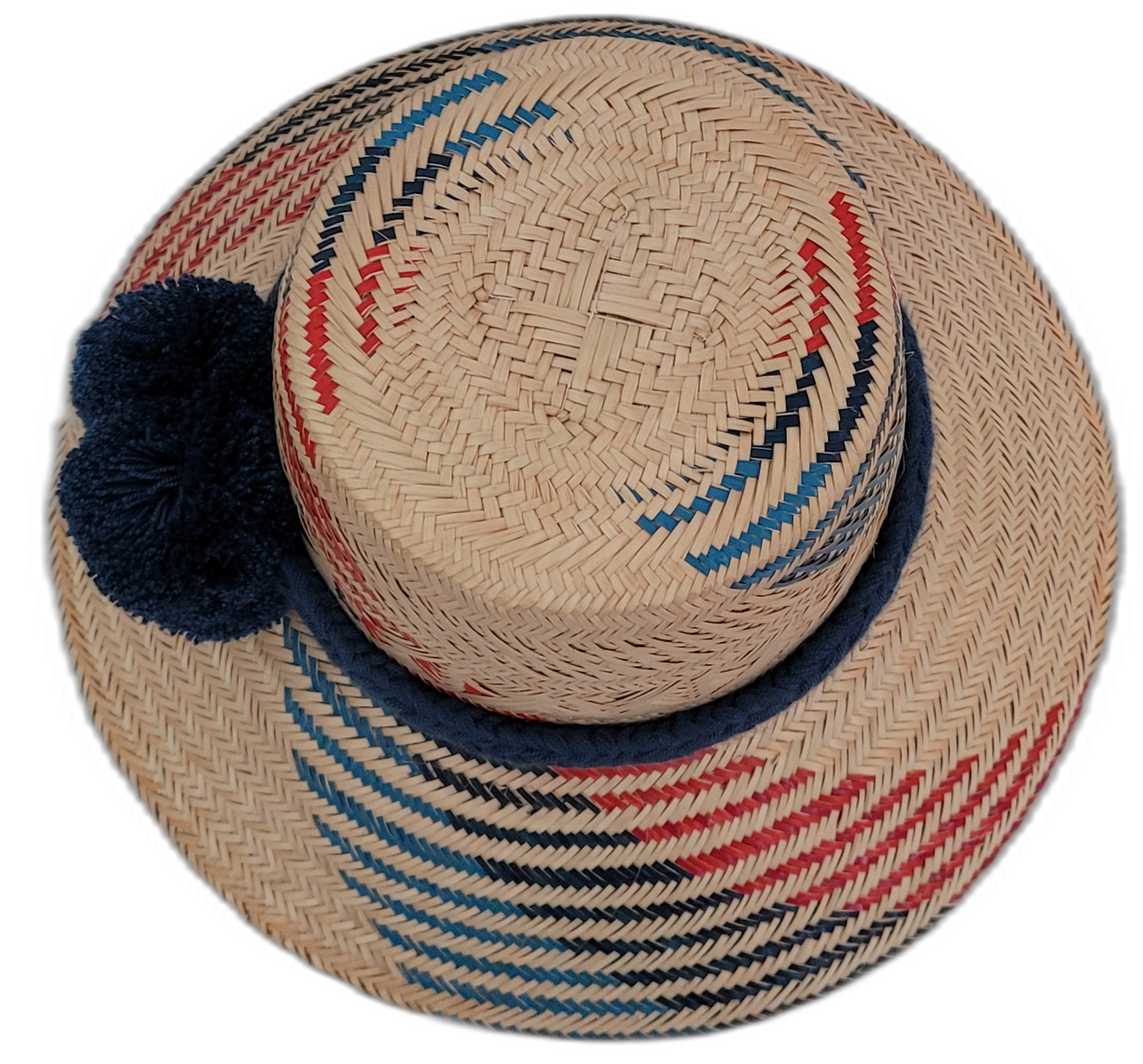 Wayuu hat Sage with geometric Iraca palm weave in red, navy, and beige with blue pompoms

