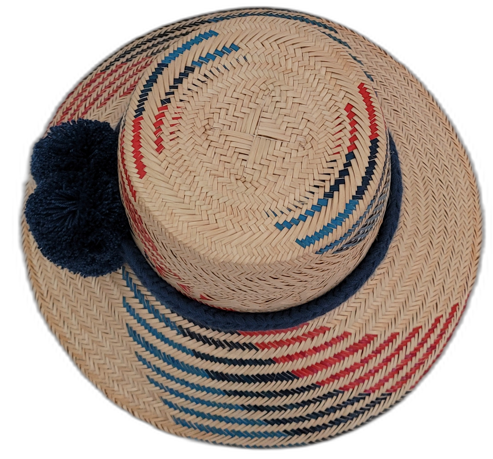 Wayuu hat Sage with geometric Iraca palm weave in red, navy, and beige with blue pompoms

