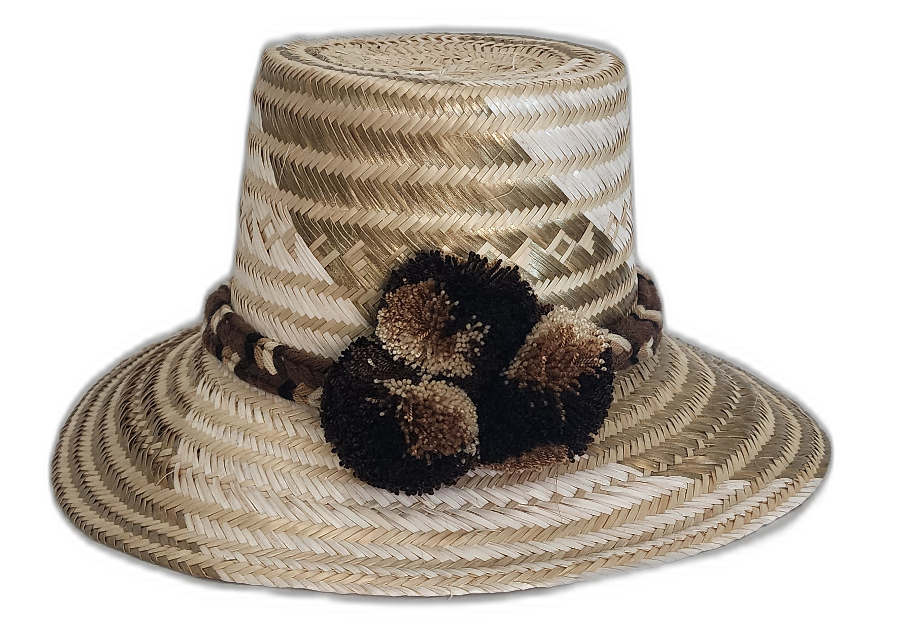 Minimalist boho hat in natural straw with soft earthy tones and handcrafted pompom accents

