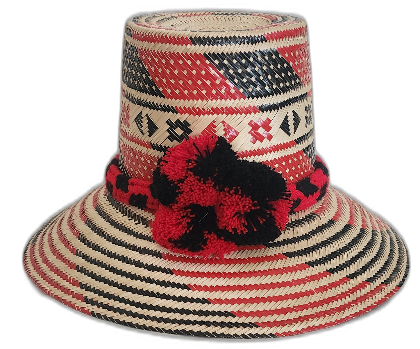 Bohemian straw hat with red and black geometric weave and handcrafted details

