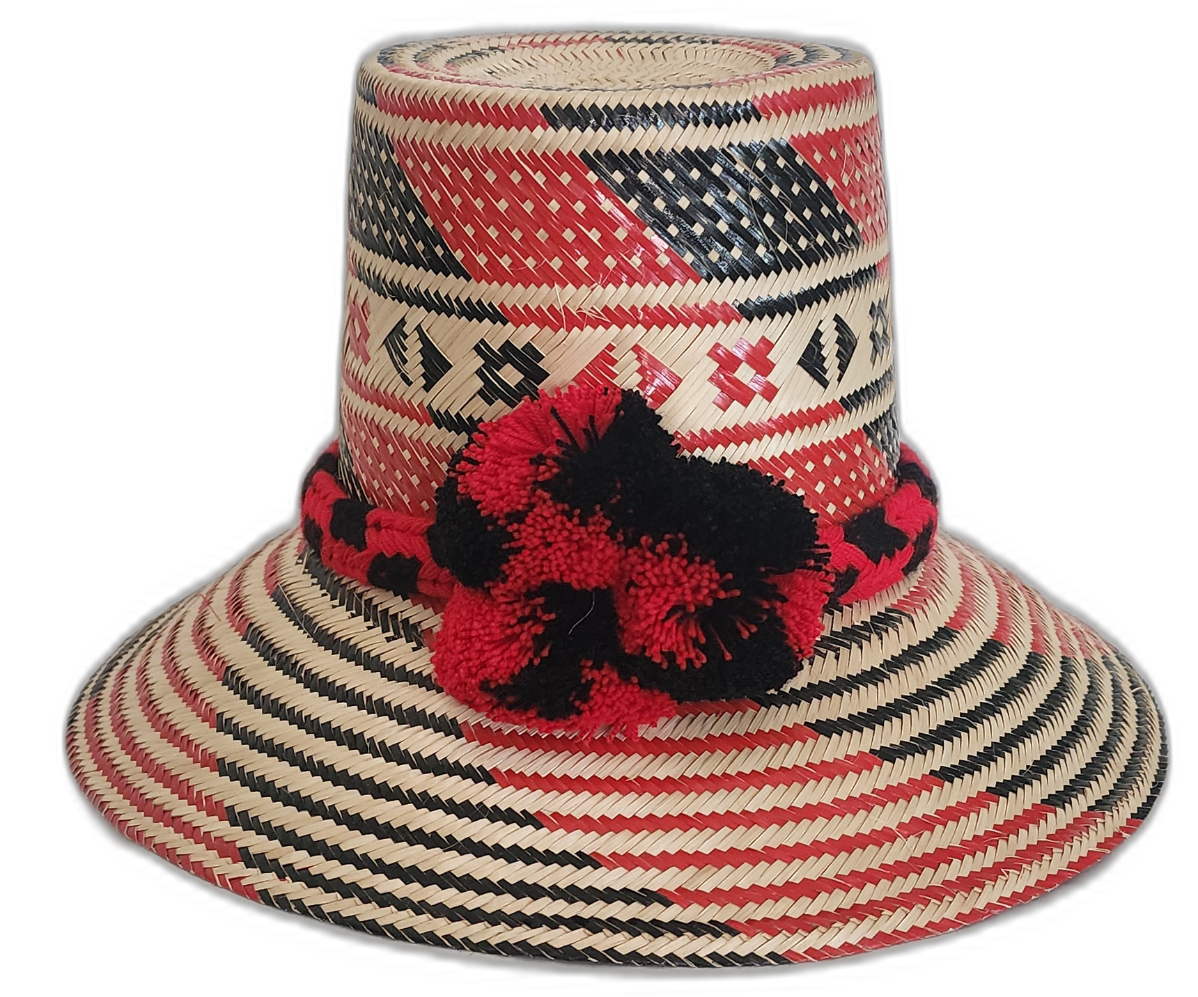 Bohemian straw hat with red and black geometric weave and handcrafted details

