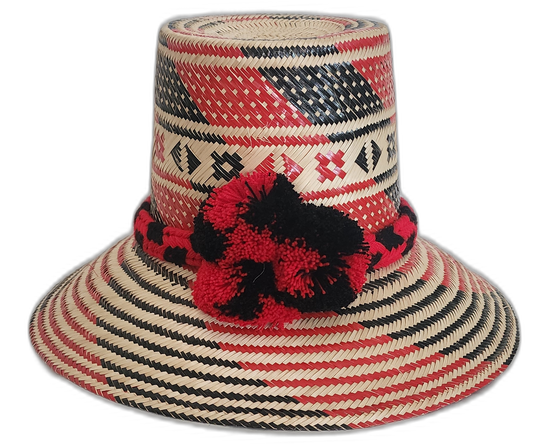 Bohemian straw hat with red and black geometric weave and handcrafted details

