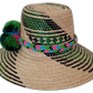 Sawyer bohemian straw hat featuring green, black, and natural weave with colorful pompoms

