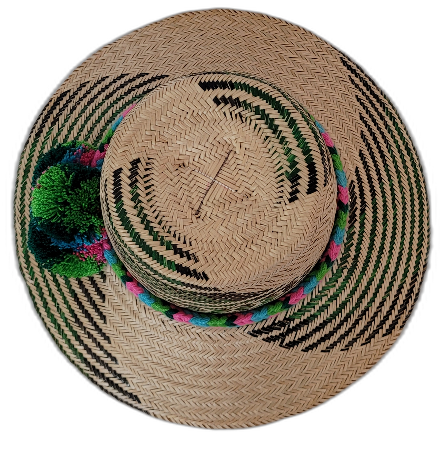Sawyer boho straw hat crafted from Iraca palm with striking green pattern and cultural pompoms

