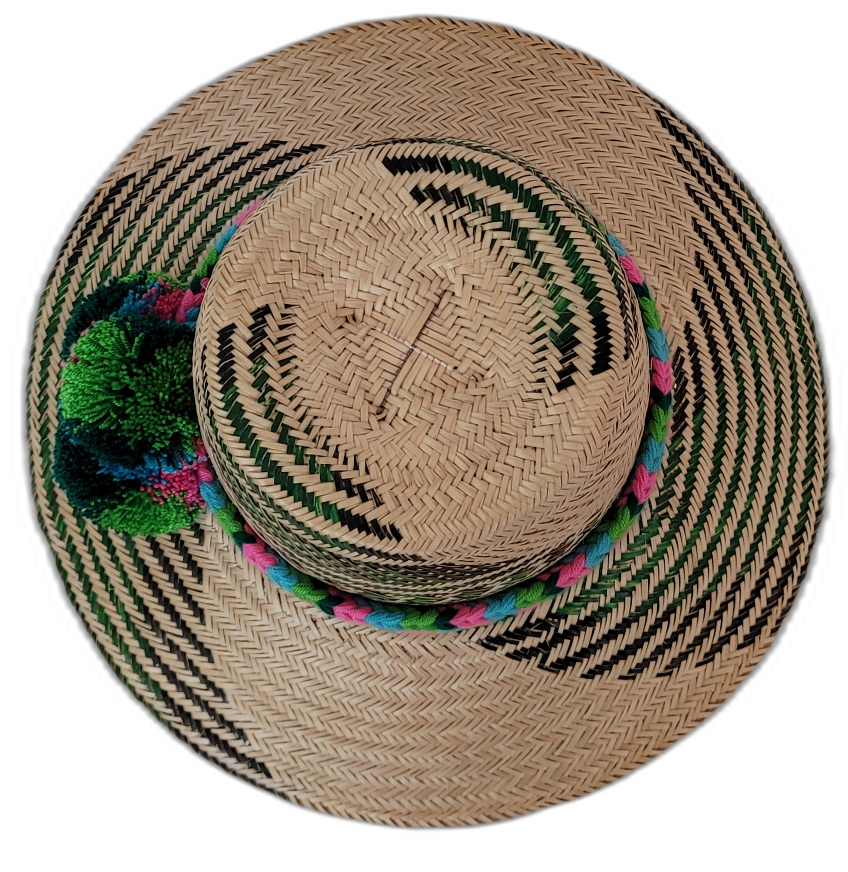 Sawyer boho straw hat crafted from Iraca palm with striking green pattern and cultural pompoms

