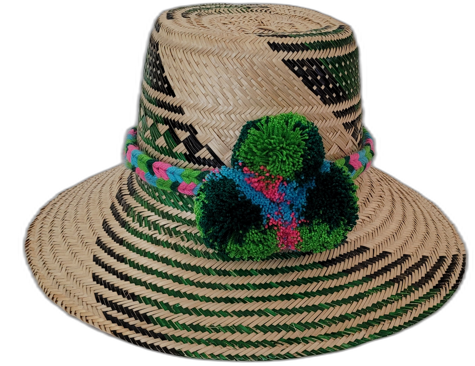 Sawyer handmade Wayuu hat with green and black geometric weave and vibrant pompoms

