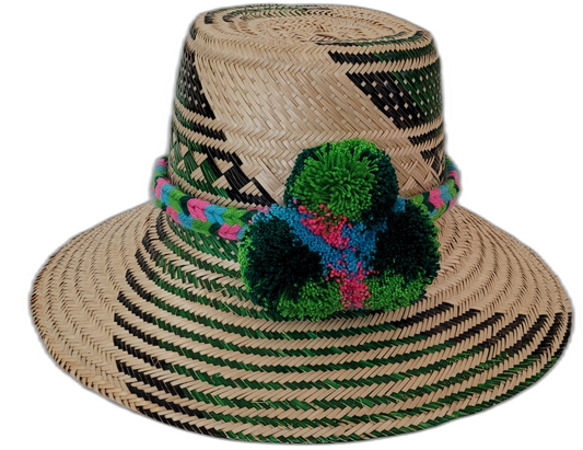 Sawyer handmade Wayuu hat with green and black geometric weave and vibrant pompoms

