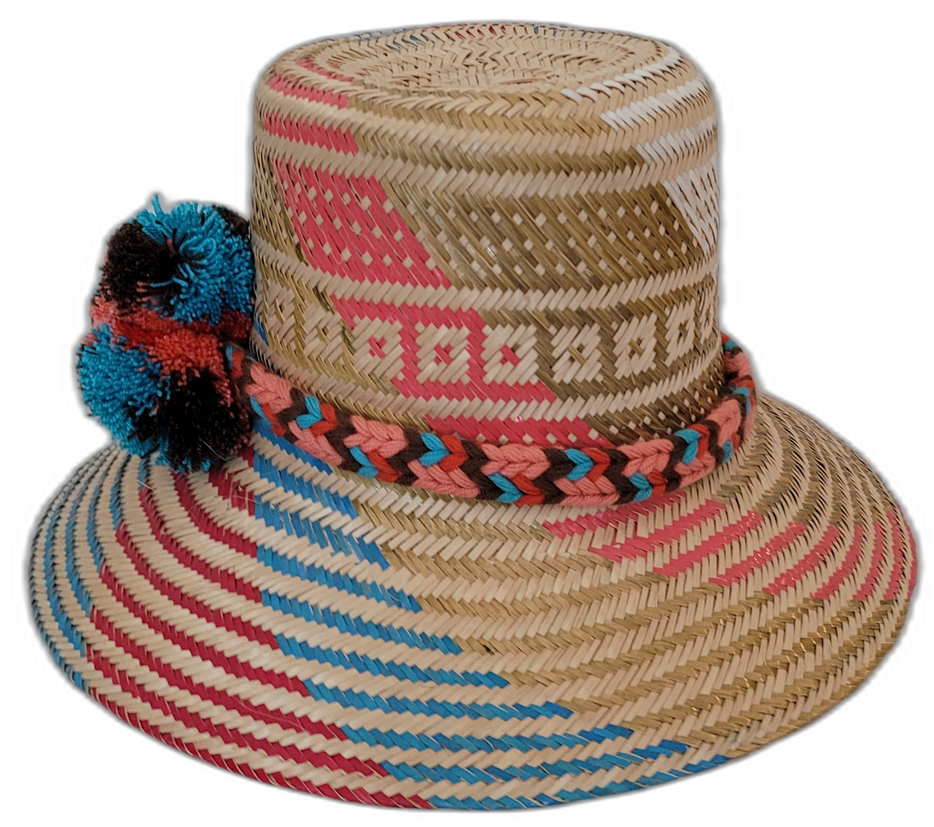 Bohemian straw hat Selena featuring colorful Iraca palm and vibrant cultural pompoms

