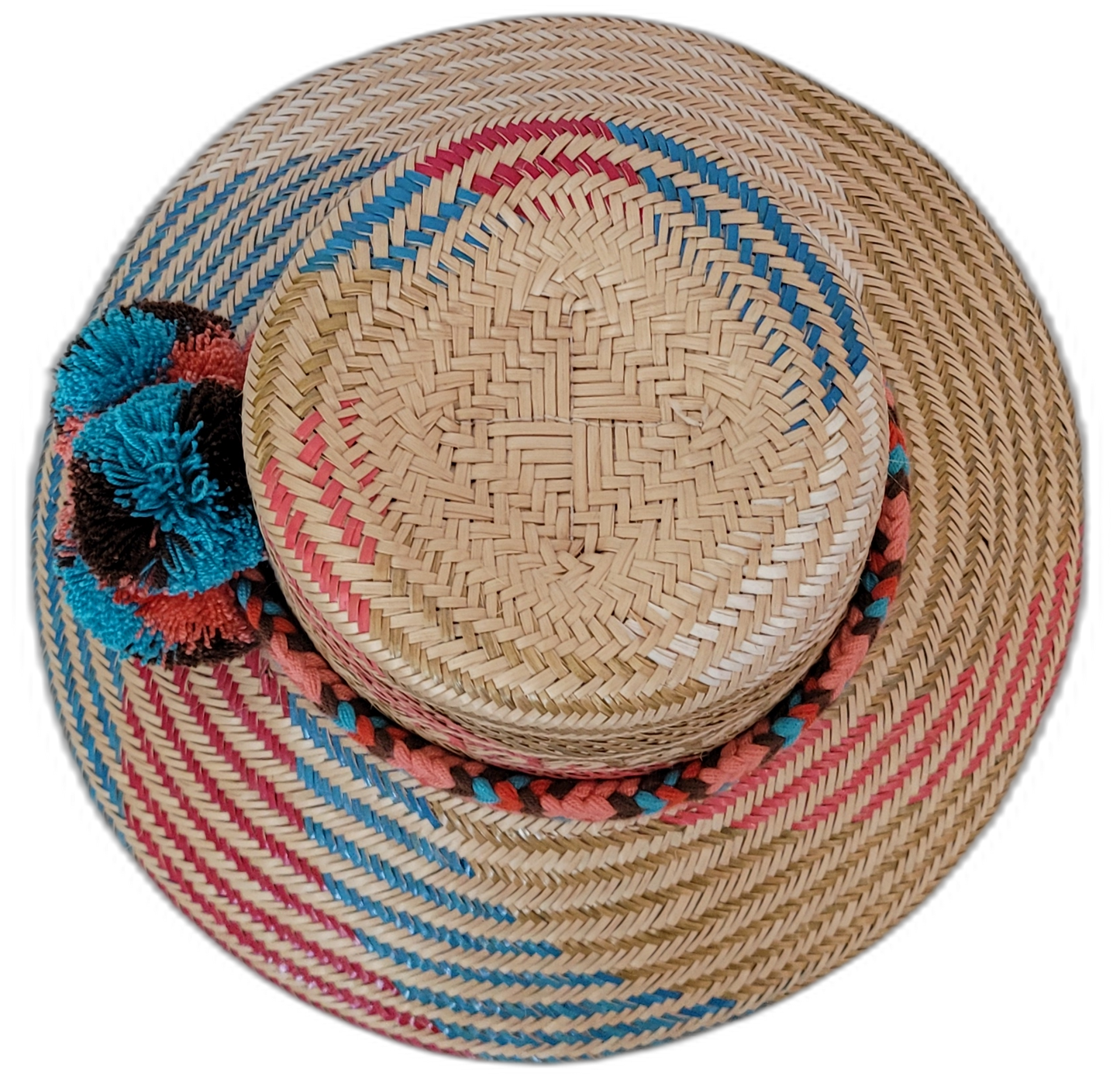Selena boho straw hat with multicolor pompoms and bold handcrafted weave pattern


