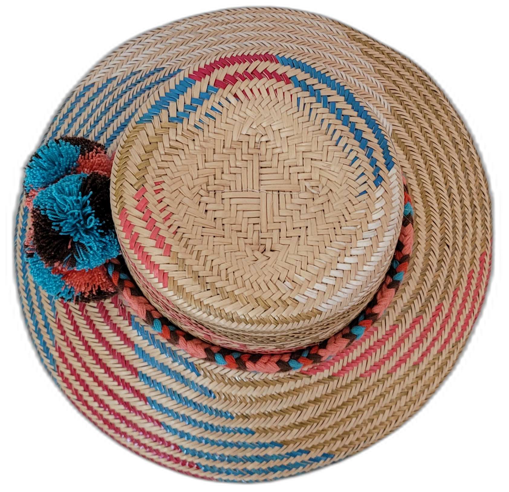 Selena boho straw hat with multicolor pompoms and bold handcrafted weave pattern

