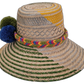 Wayuu straw hat Sevyn featuring green weave, multicolor braid, and colorful pompoms

