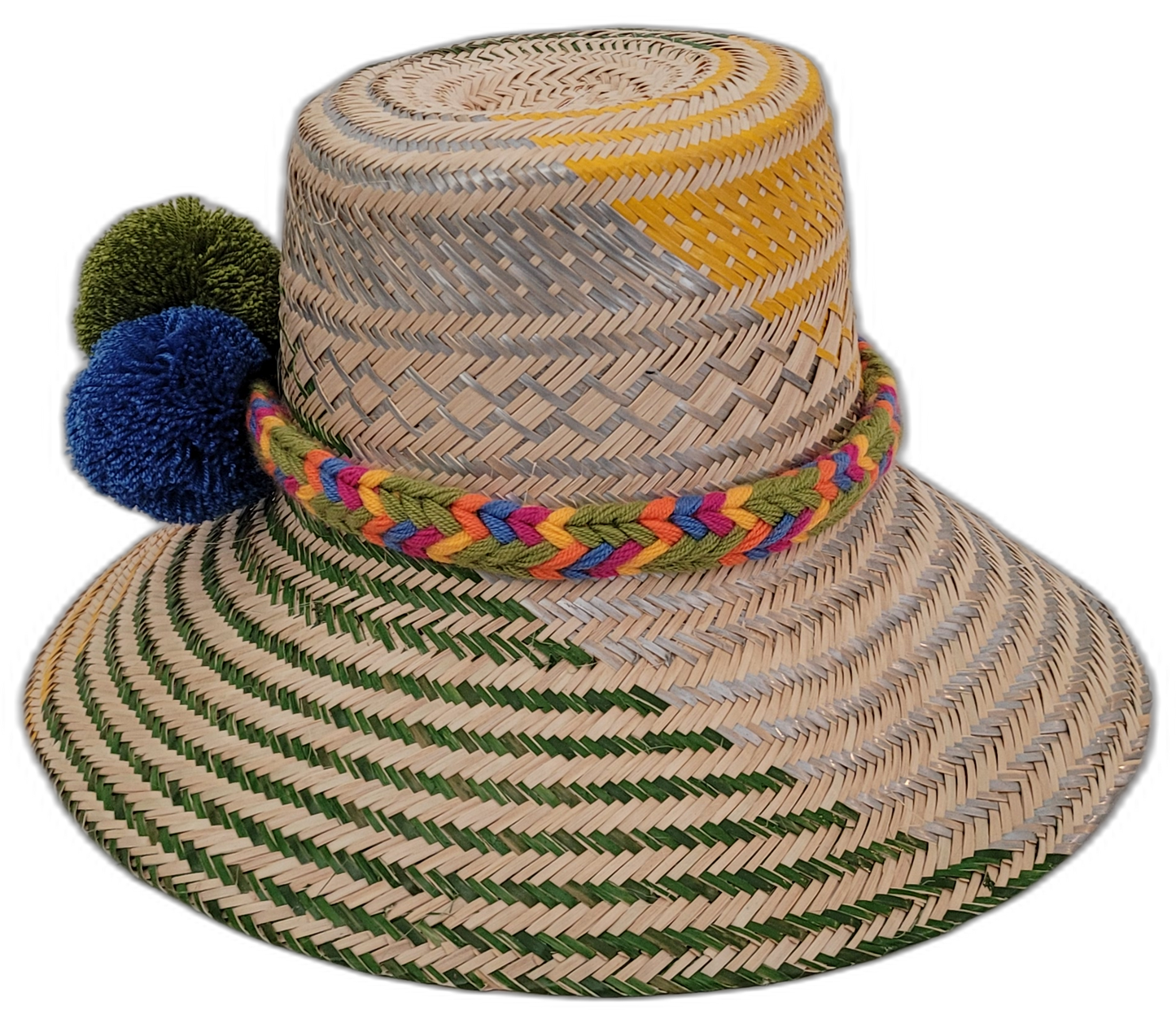 Wayuu straw hat Sevyn featuring green weave, multicolor braid, and colorful pompoms

