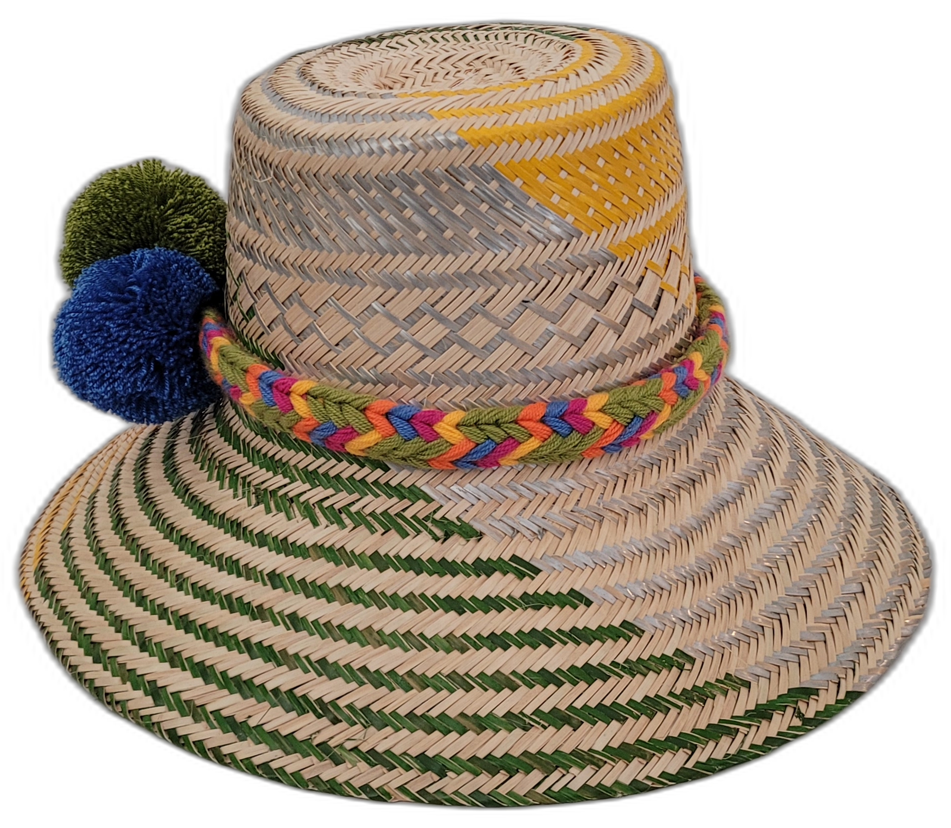 Wayuu straw hat Sevyn featuring green weave, multicolor braid, and colorful pompoms

