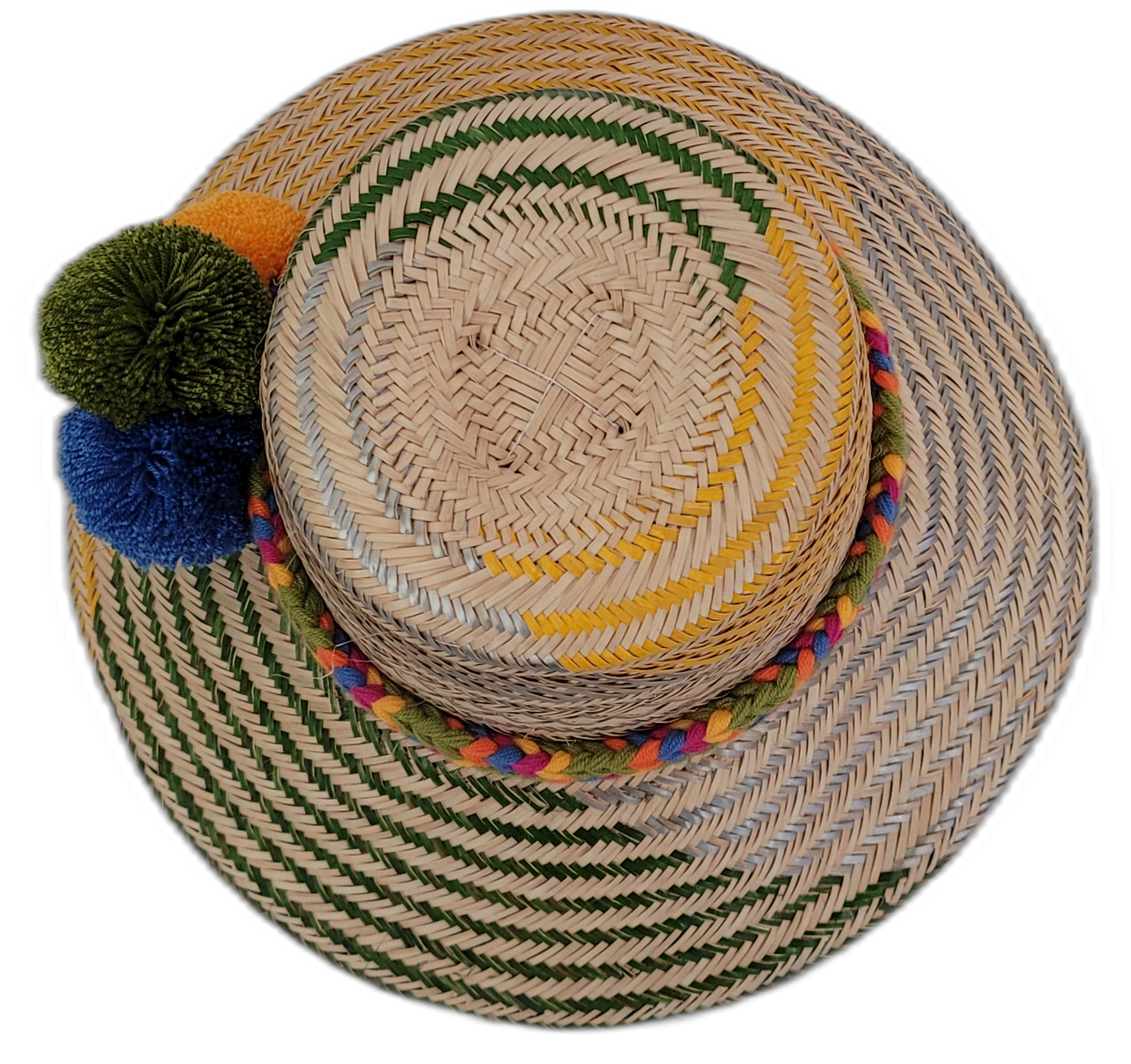 Sevyn boho straw hat with natural weave and vibrant handcrafted pompom trim

