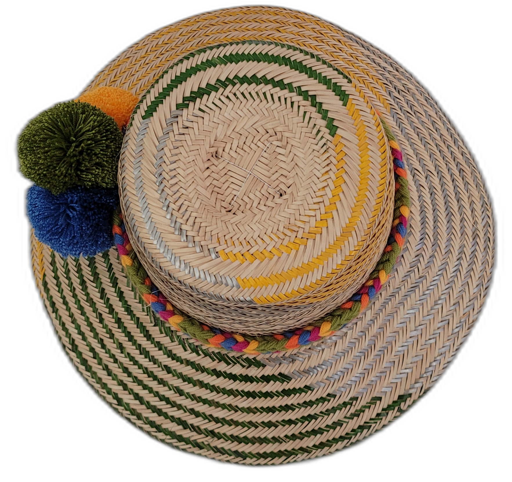 Sevyn boho straw hat with natural weave and vibrant handcrafted pompom trim

